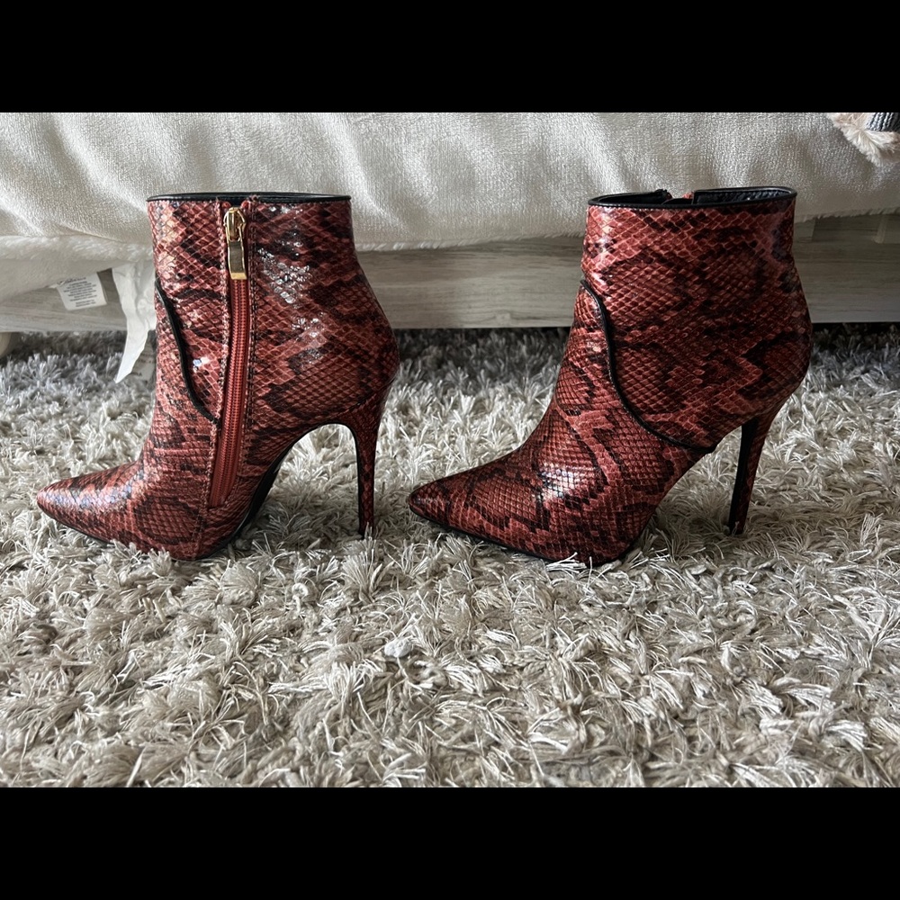 Burgundy Pointed Toe Snakeskin Ankle Bootie